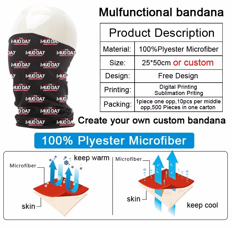 Sublimation Custom Printed Multifunctional Polyester Microfiber Seamless Fishing Neck Tube Scarf Biker Bandanas