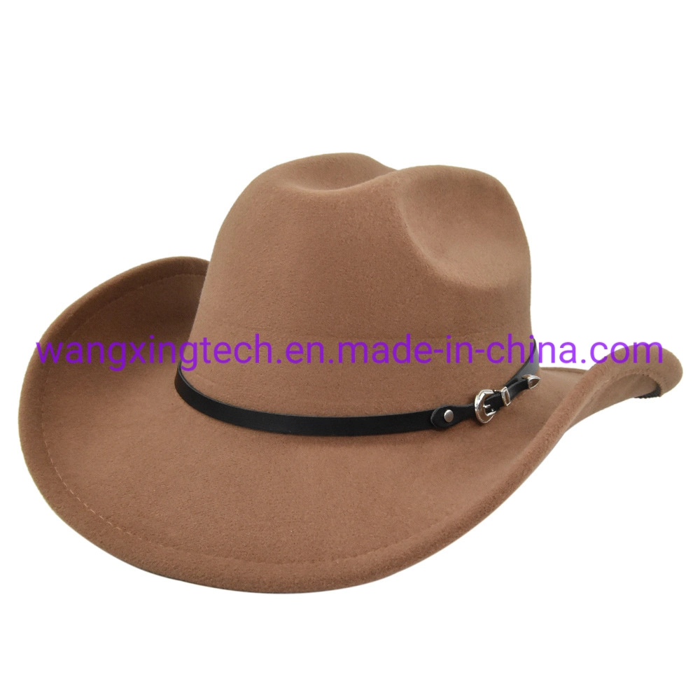 Wholesale Cowboy Jazz Hat Felt Top Hat Solid Color Top Cap Men&prime;s and Women&prime;s Wide-Brimmed Woolen Retro Big-Brimmed Hat Thickened