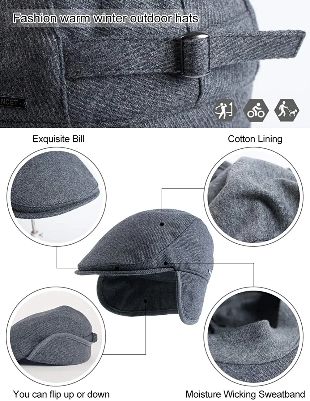 Light Coffee Warm Wool IVY Cap Men Fur Hunting Trapper Dad Hats Sports Earflap Unisex M L XL