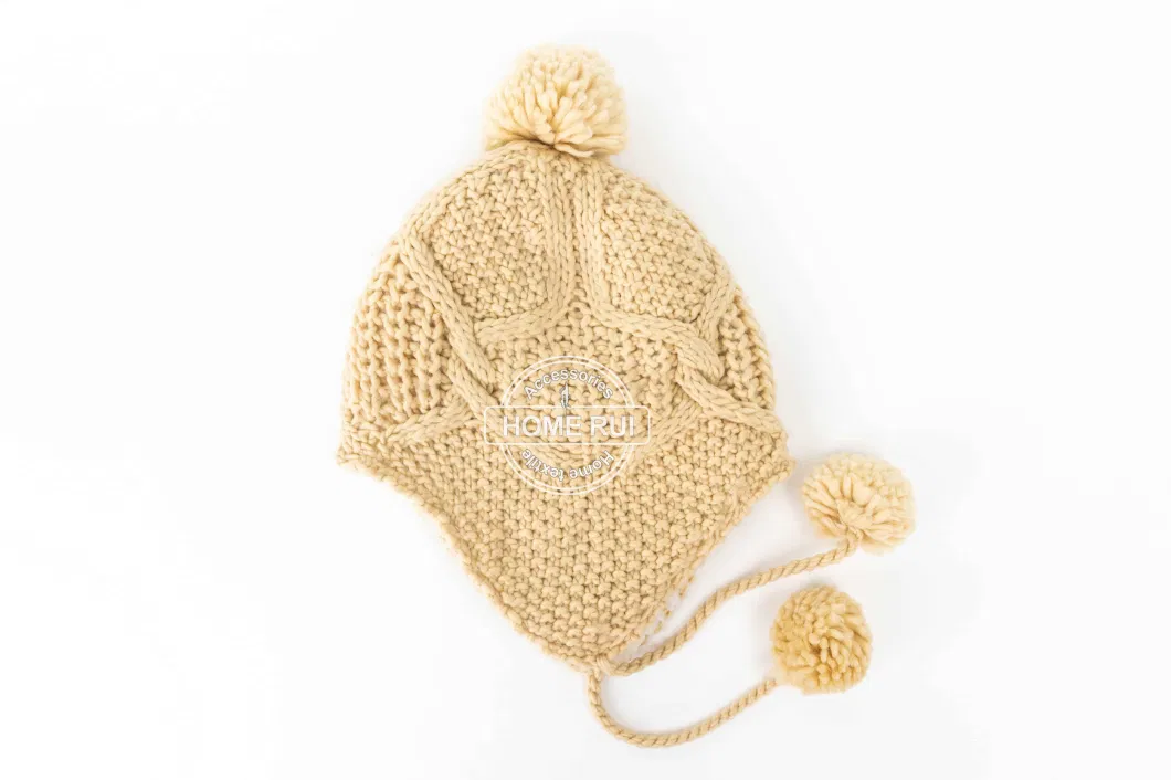 Women Warm Soft Thick Slouchy Acrylic Beige Pompom Fleece Sherpa Lining Knitted Cable Rib Bonnet Casual Beanie Hat Earflap