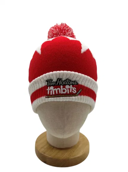 Wholesale 100% Acrylic High Quality Winter Jacquard Knitted Beanie with Embroidery and POM