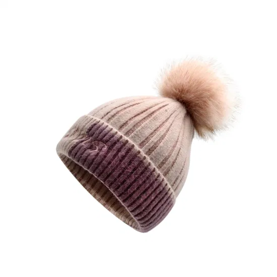 Winter Multicolor Stripe Ski Beanie with Faux Fur POM for Ladies