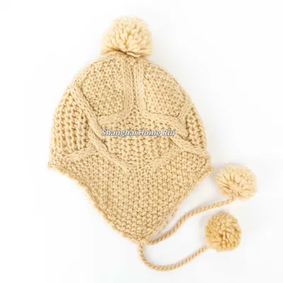 Women Warm Soft Thick Slouchy Acrylic Beige Pompom Fleece Sherpa Lining Knitted Cable Rib Bonnet Casual Beanie Hat Earflap